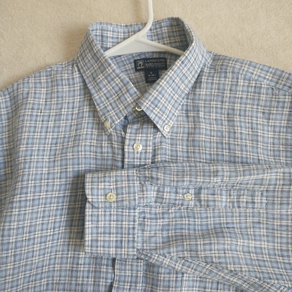 Lands End Shirt Mens L 16 16.5 Blue Plaid Baird McNutt Irish Linen Button Down
